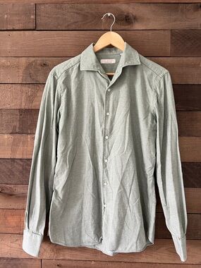 Luca Faloni Men's 100% Cotton Long Sleeve Button Down Shirt in Green Size 41/16